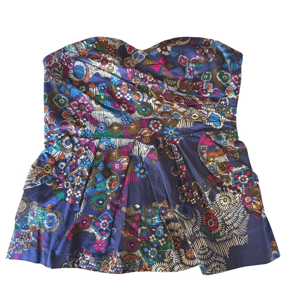 Anthropologie Fei Strapless Peplum Top Navy Multi Geometric Medallion Print 10
